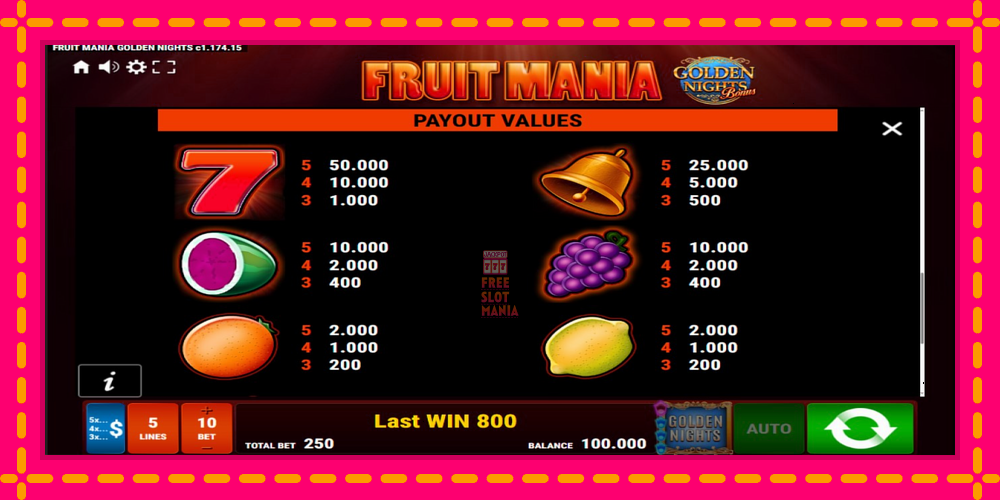 Automat Fruit Mania Golden Nights z jasną grafiką, zdjęcie 7